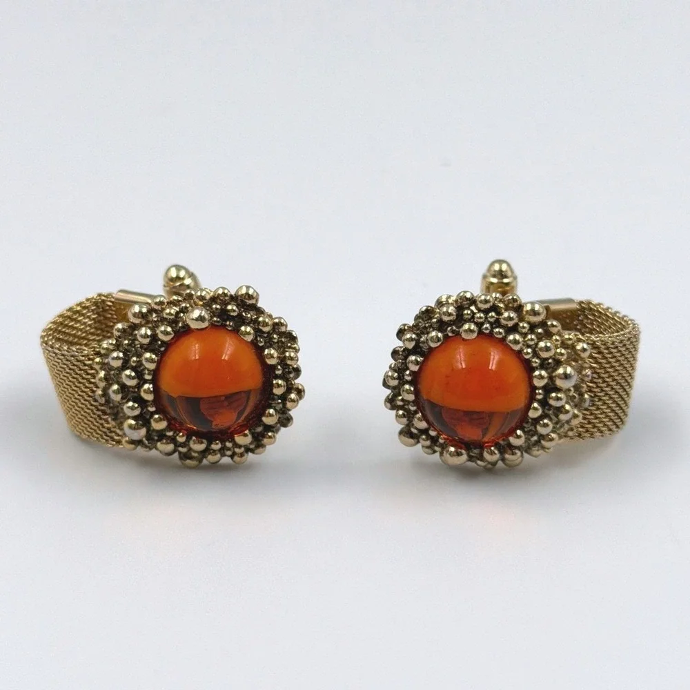 1970 Vintage Amber Cabochon Cufflinks‎ Gold Tone Mesh Wrap Statement Retro Mens